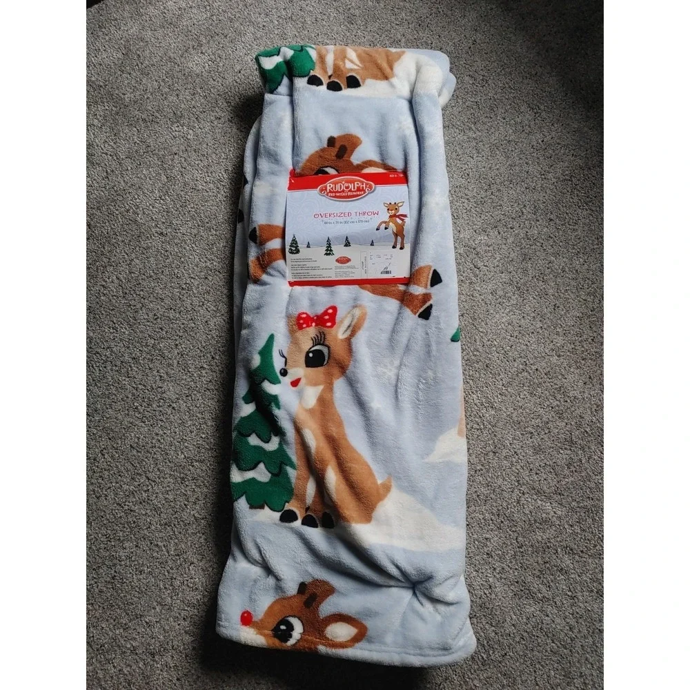 Rudolph Red Nosed Reindeer Christmas Plush Throw Blanket Fleese Soft Cozy 60x70